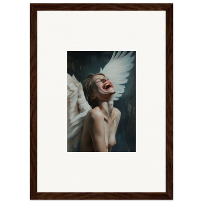 Framed canvas print of Laughing Etheriad with a person and white wings, perfect wall art