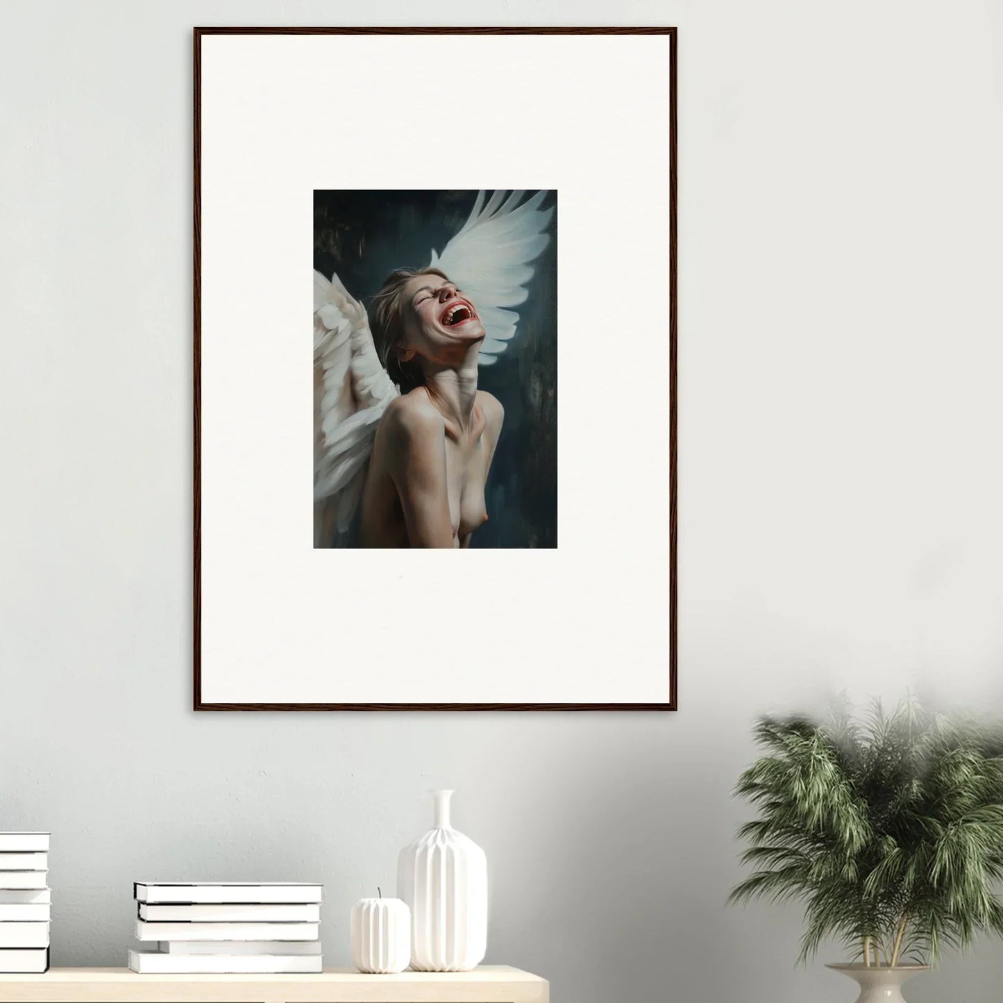 Framed portrait with dramatic lighting for unique room decoration and wall art