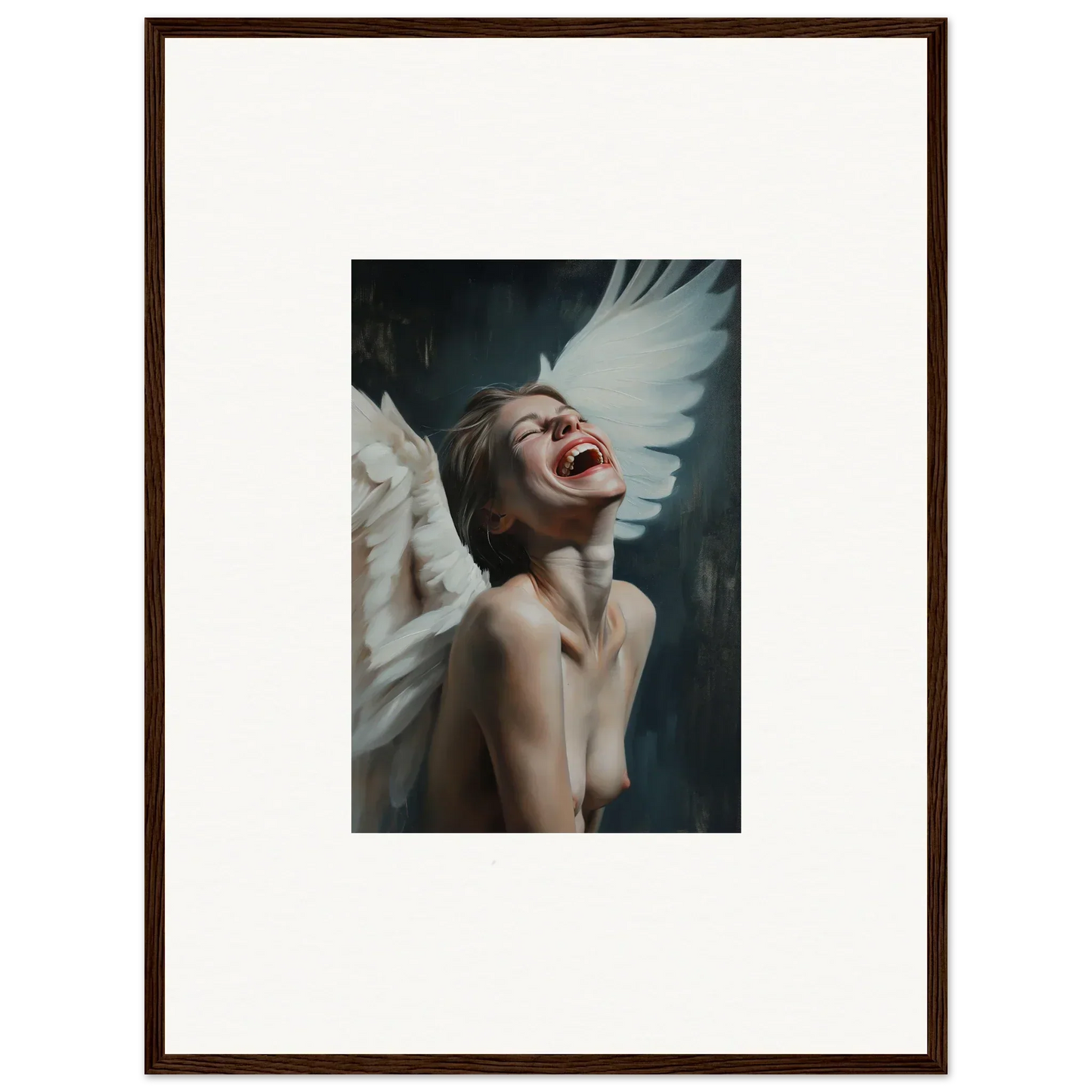 Framed canvas print of a figure with white wings, perfect for room decoration wall art