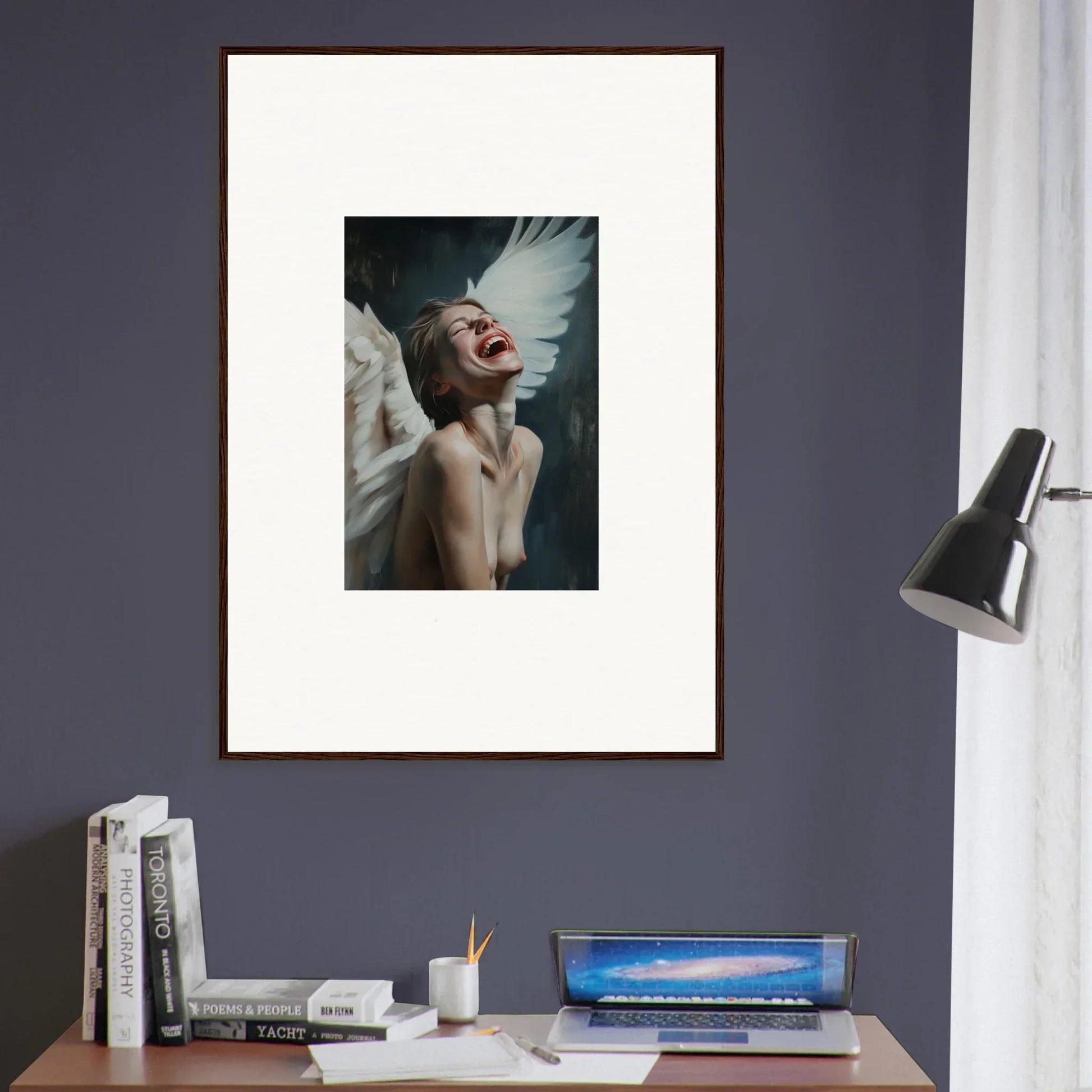 Framed portrait wall art of a person with windswept white hair and red lipstick