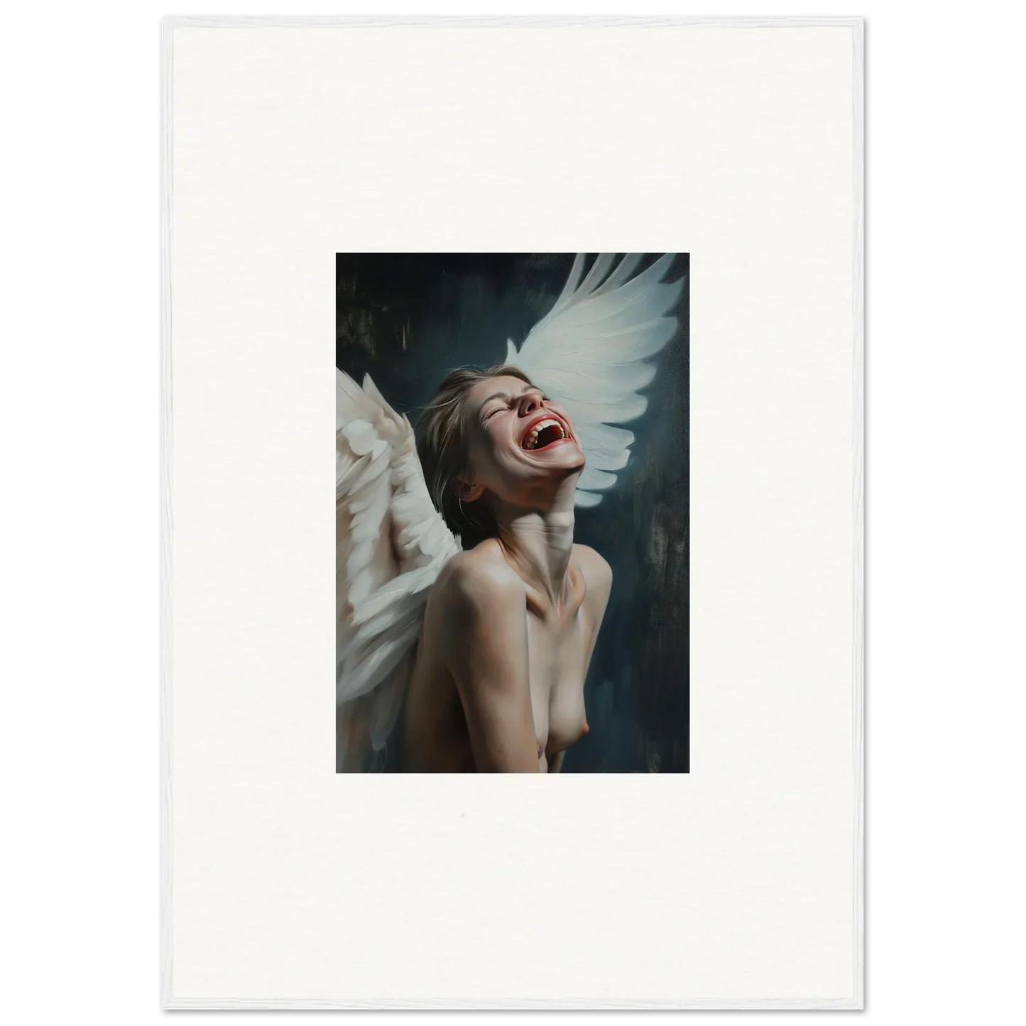 Artistic wall art of a figure with white wings in Laughing Etheriad canvas print