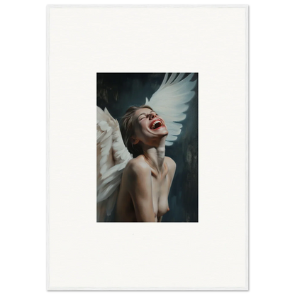 Artistic wall art of a figure with white wings in Laughing Etheriad canvas print