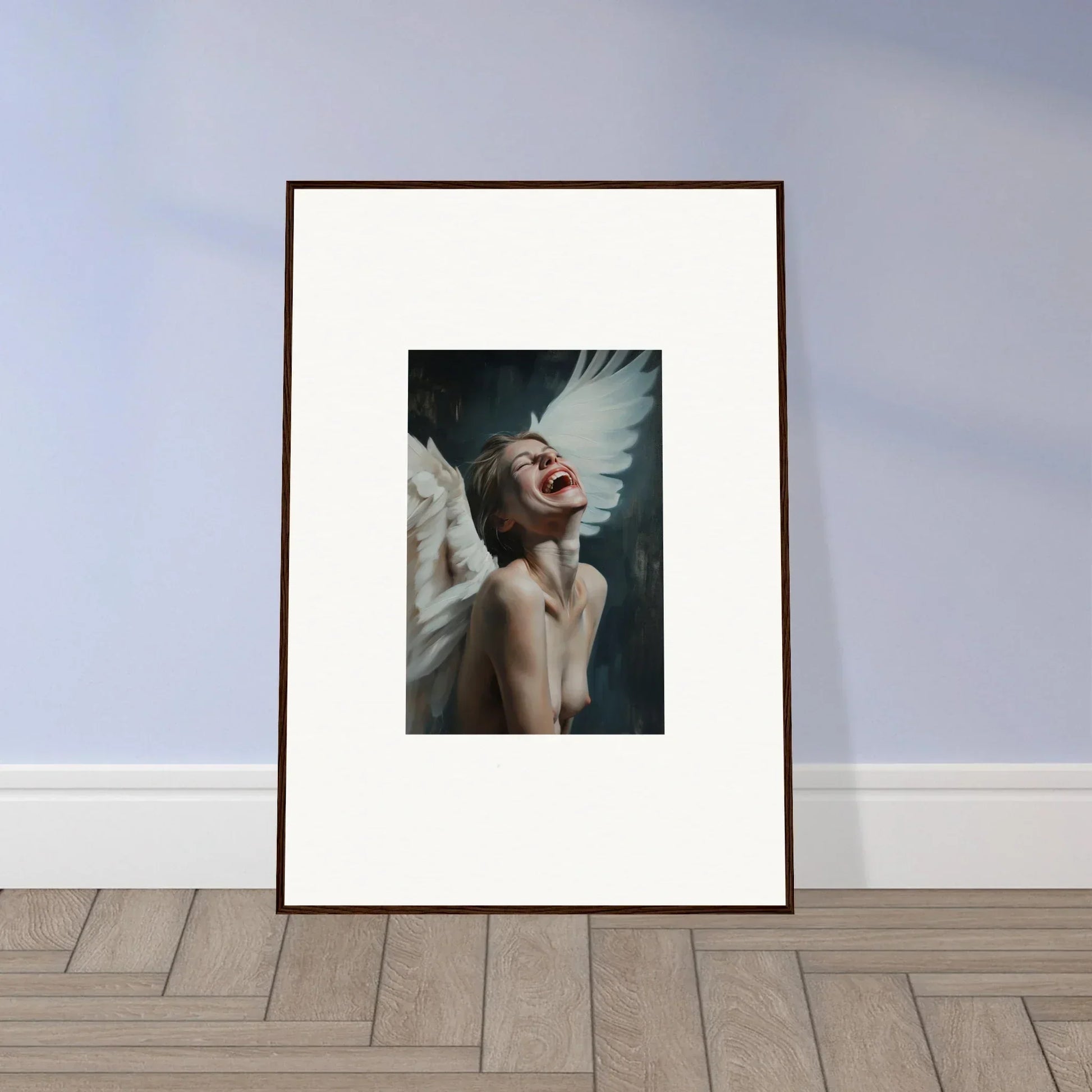 Framed wall art of a person with white wings, perfect for room decoration