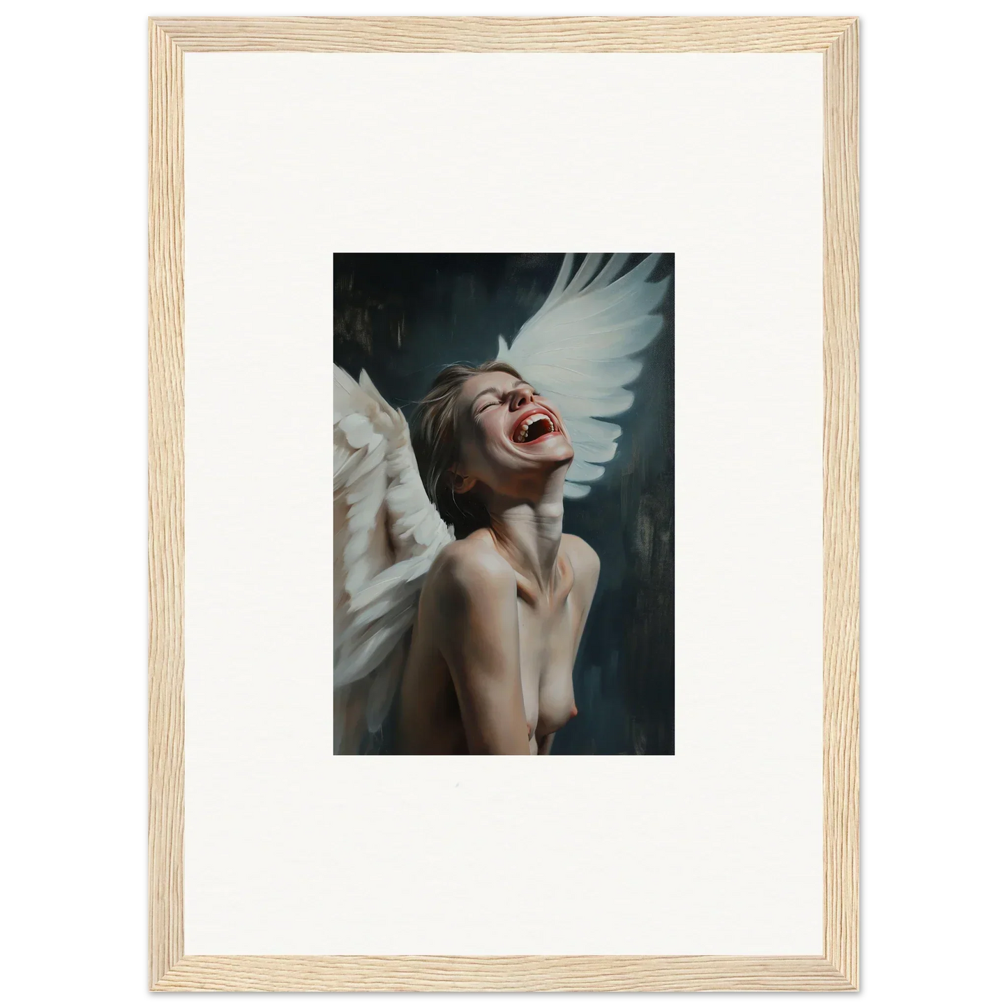 Framed canvas print of a person with white wings laughing, perfect for room decoration