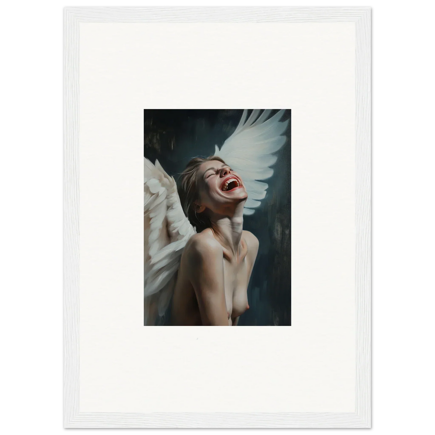 Framed Laughing Etheriad canvas print of a figure with white wings for stylish room decoration