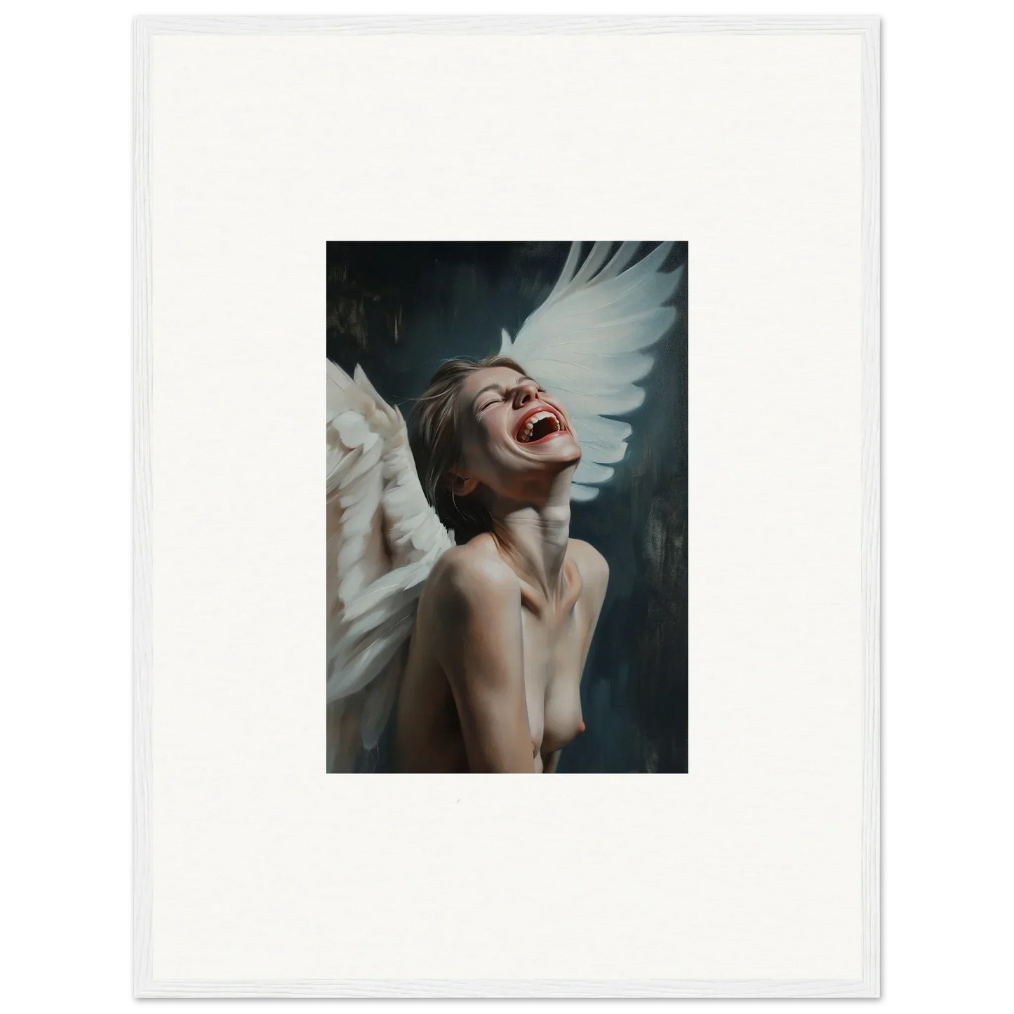 A joyful figure with white wings adds charm to your room decoration as canvas print wall art