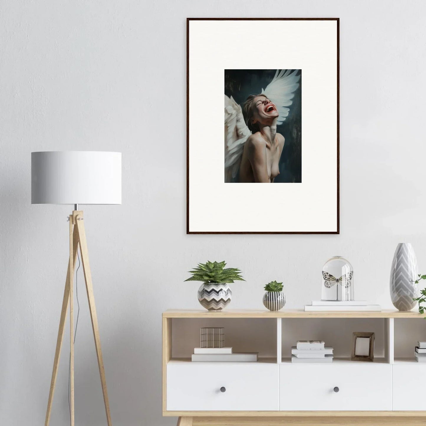 Framed portrait of a person in feathered headdress, perfect for room decoration or wall art