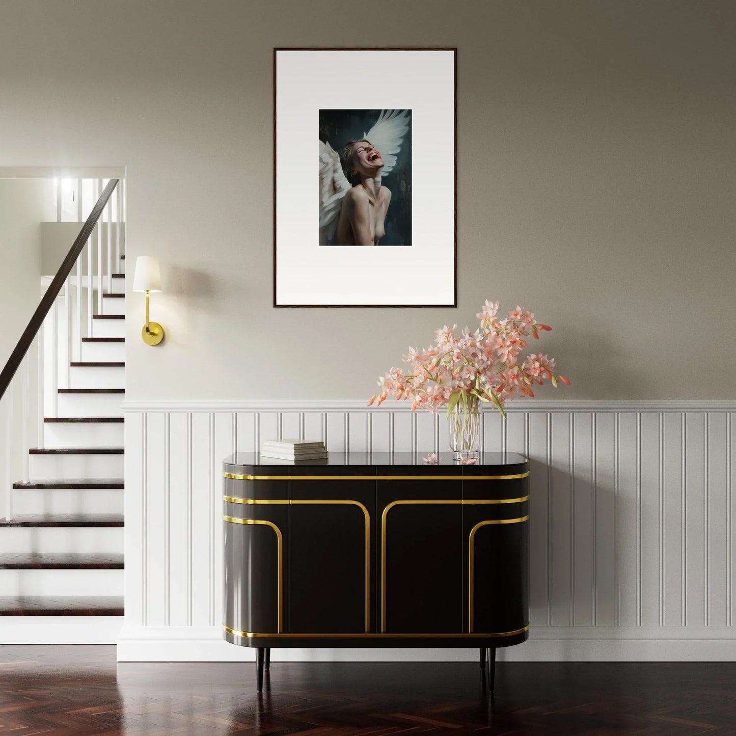 Elegant black and gold sideboard under wall art and floral arrangement for stylish room decoration