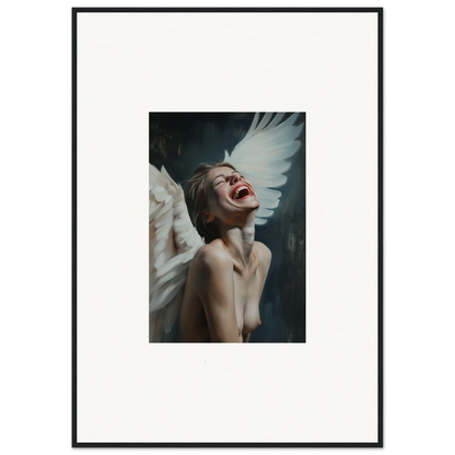 Framed canvas print of a person with white wings laughing for vibrant room decoration