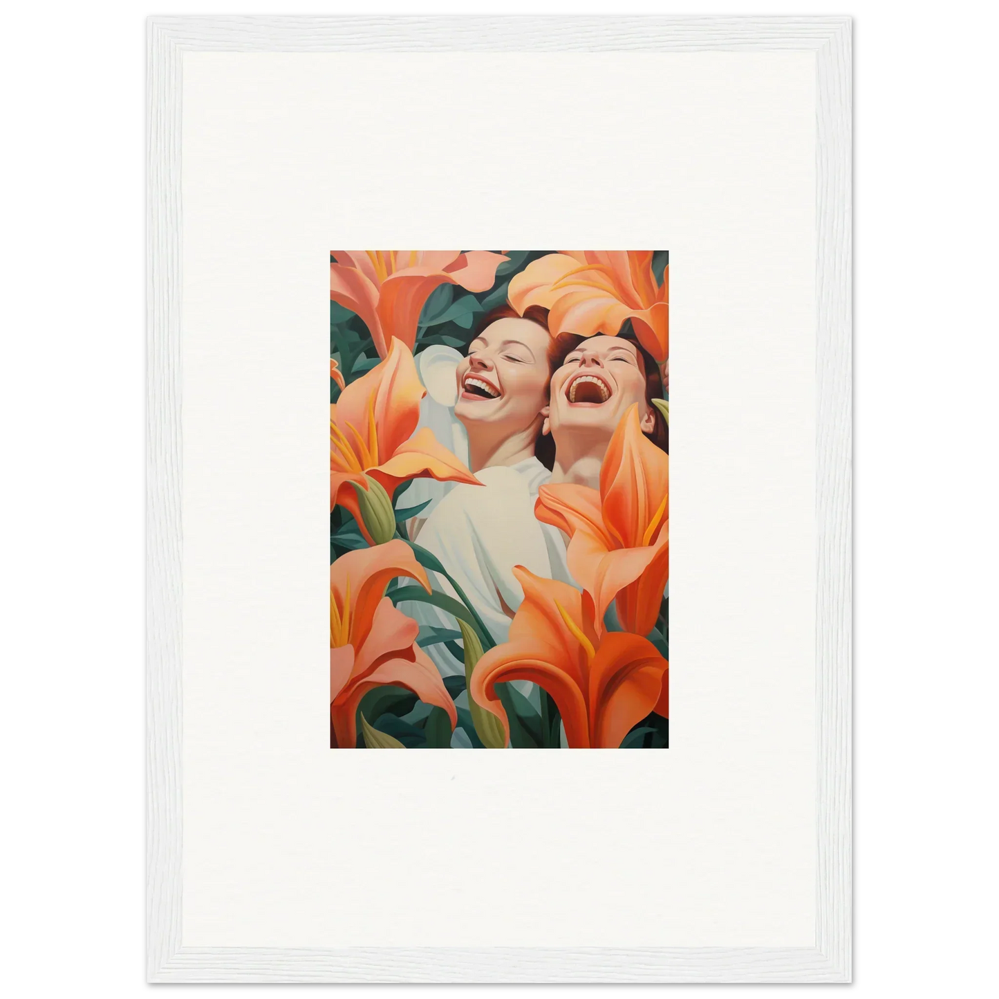 Joyful figures in framed wall art with vibrant orange lilies, perfect for room decoration