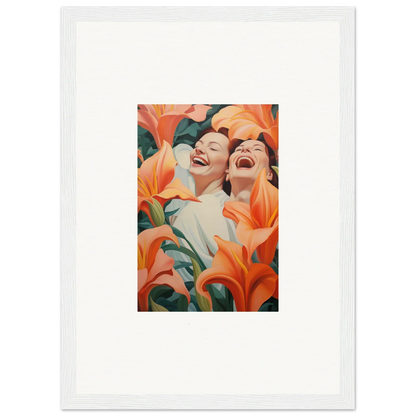 Joyful figures in framed wall art with vibrant orange lilies, perfect for room decoration