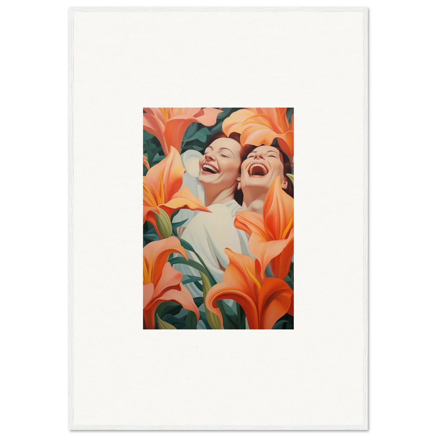 Laughing people with orange lilies in a colorful canvas print for room decoration