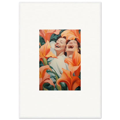 Laughing people with orange lilies in a colorful canvas print for room decoration