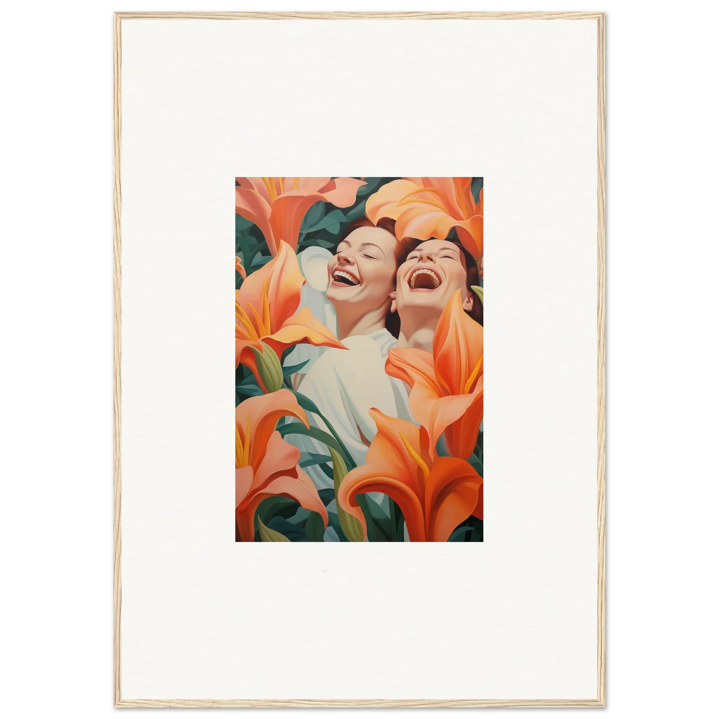 Framed wall art of laughing figures with orange lilies for fun room decoration