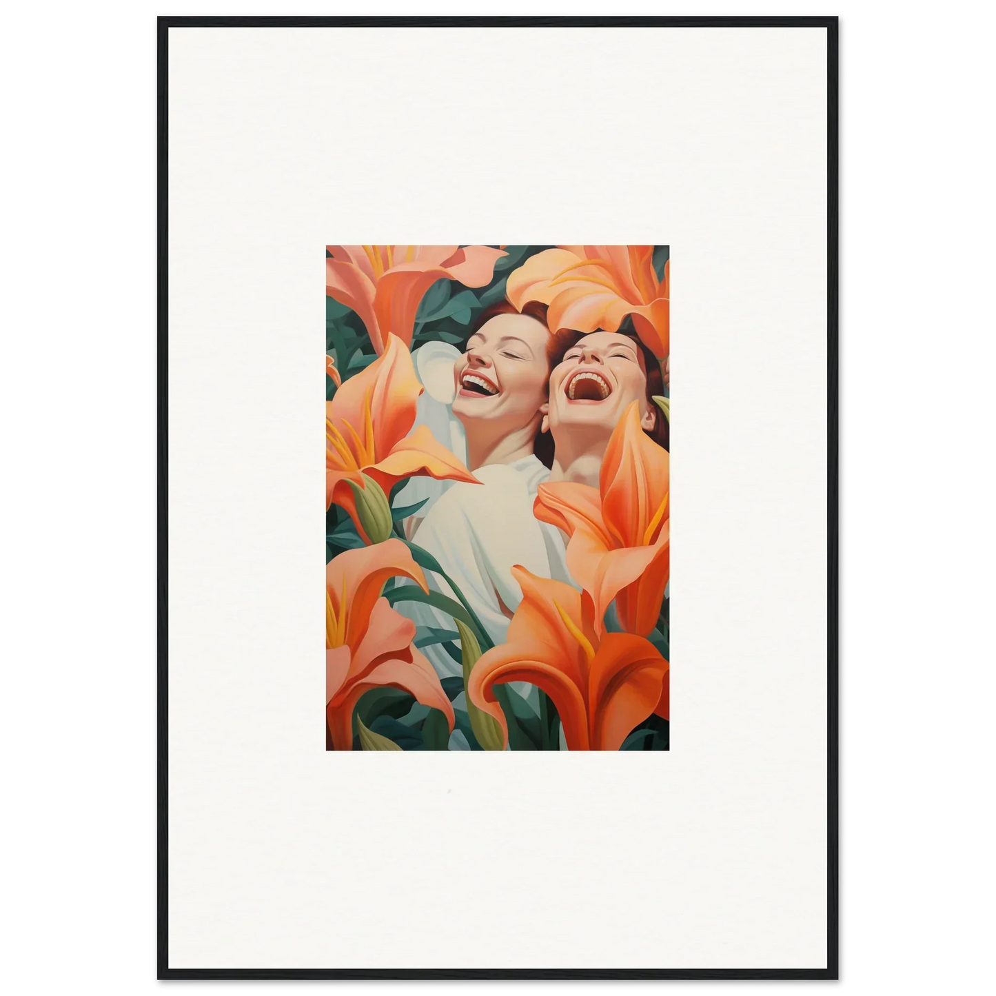 Framed wall art of laughing figures with vibrant lilies, perfect for room decoration