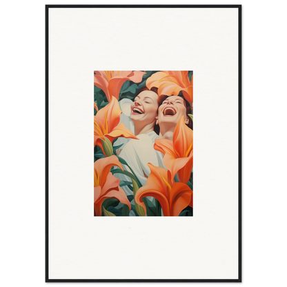 Framed wall art of laughing figures with vibrant lilies, perfect for room decoration