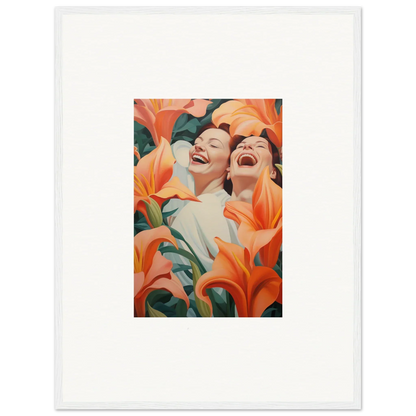 Two laughing figures with orange lilies - perfect for room decoration or wall art