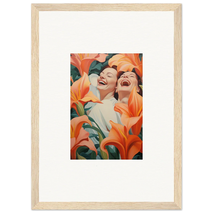 Framed wall art of two laughing figures with orange lilies, perfect for room decoration