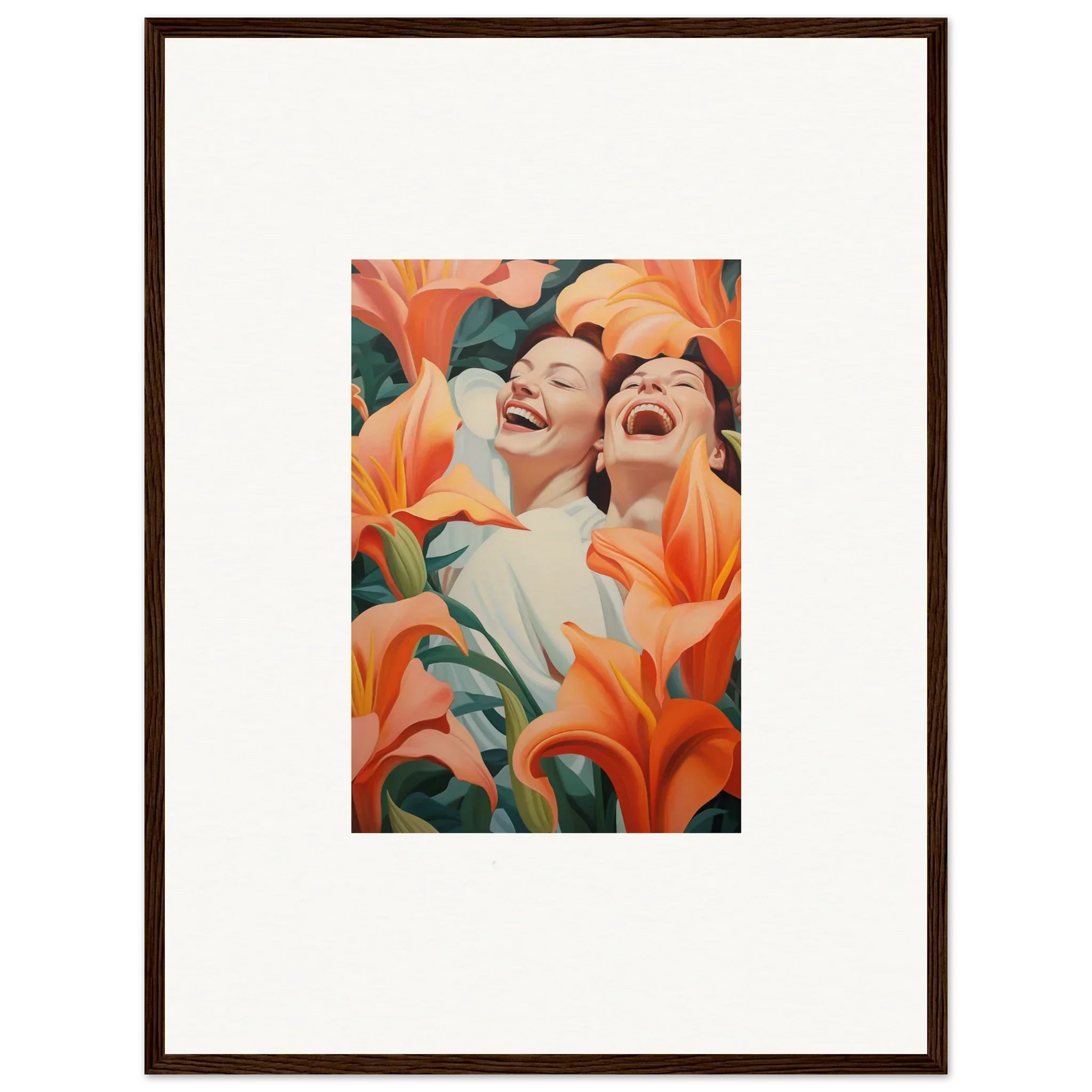 Framed wall art of joyful figures with orange lilies, perfect for room decoration