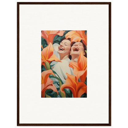 Framed wall art of joyful figures with orange lilies, perfect for room decoration