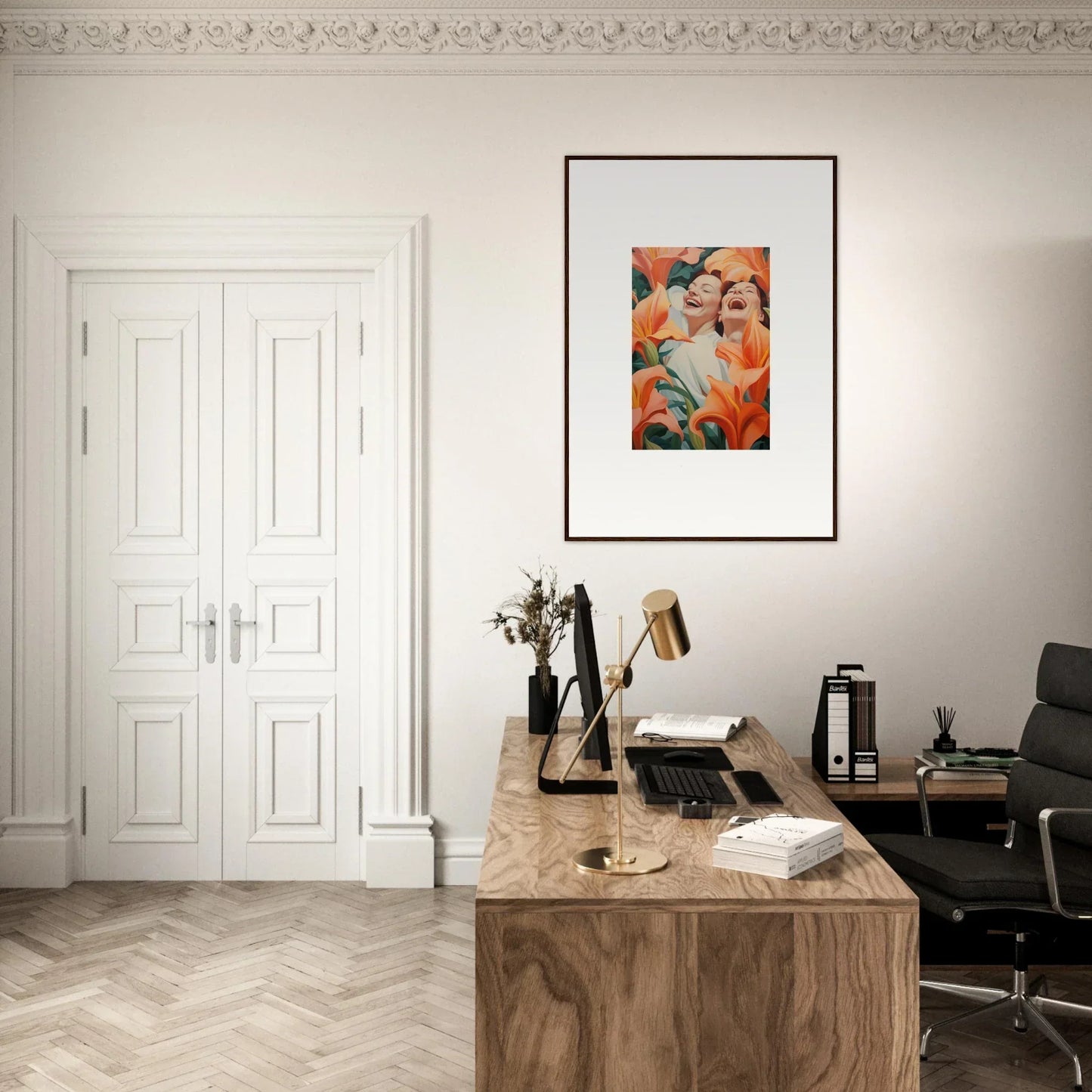 Home office with a wooden desk, stylish chair, and colorful wall art for room decoration