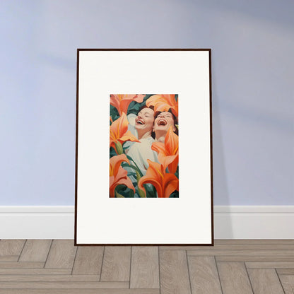 Framed wall art of two laughing people with orange lilies for room decoration