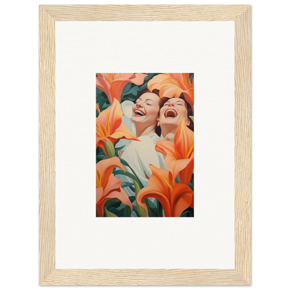 Framed wall art of two laughing people with orange lilies for stylish room decoration