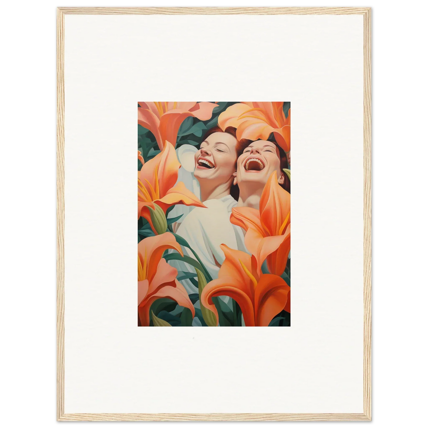 Framed wall art featuring two laughing figures and bright orange lilies for room decoration