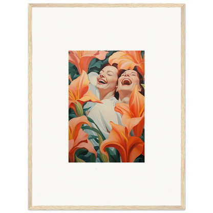 Framed wall art featuring two laughing figures and bright orange lilies for room decoration