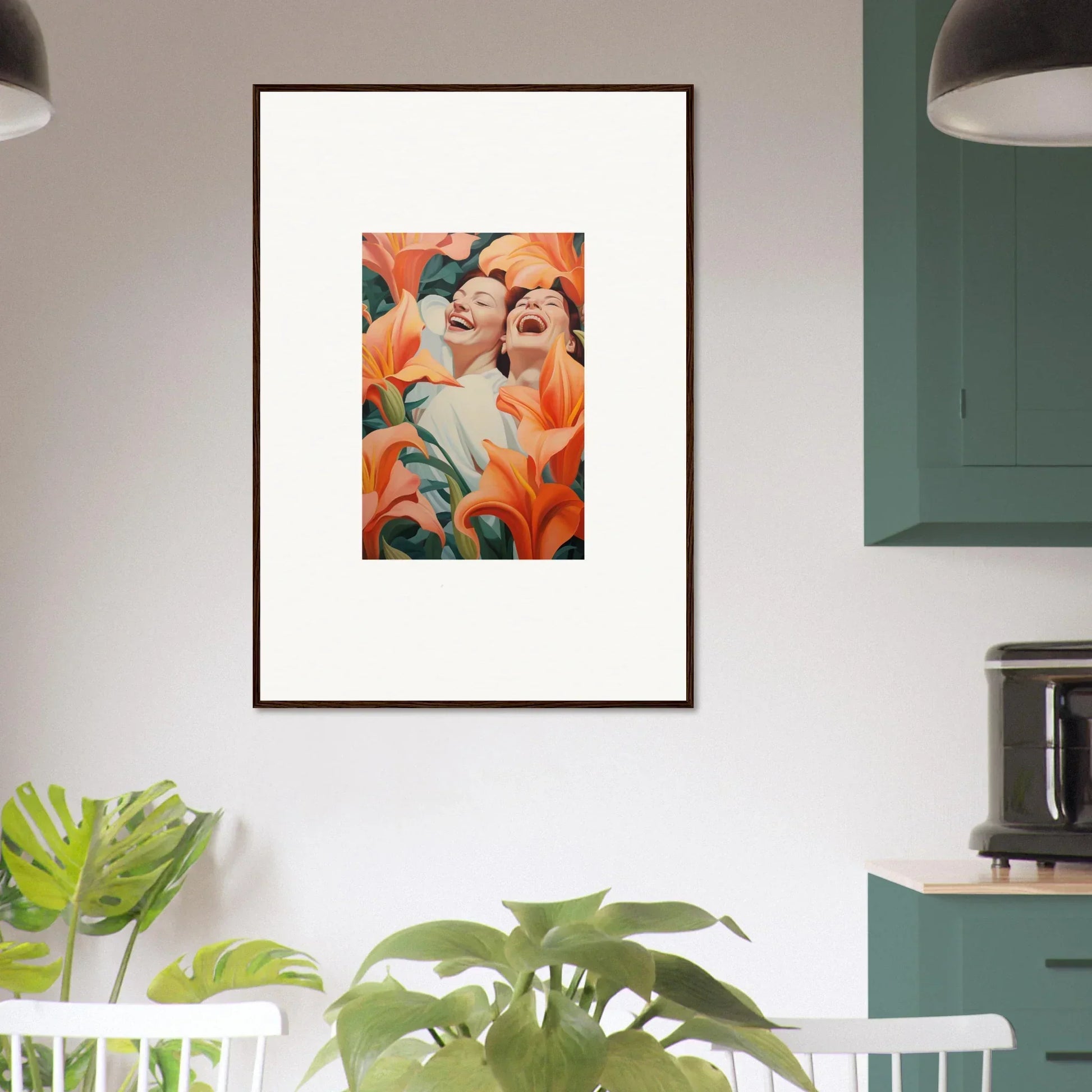 Framed canvas print of two figures with orange flowers, perfect for room decoration