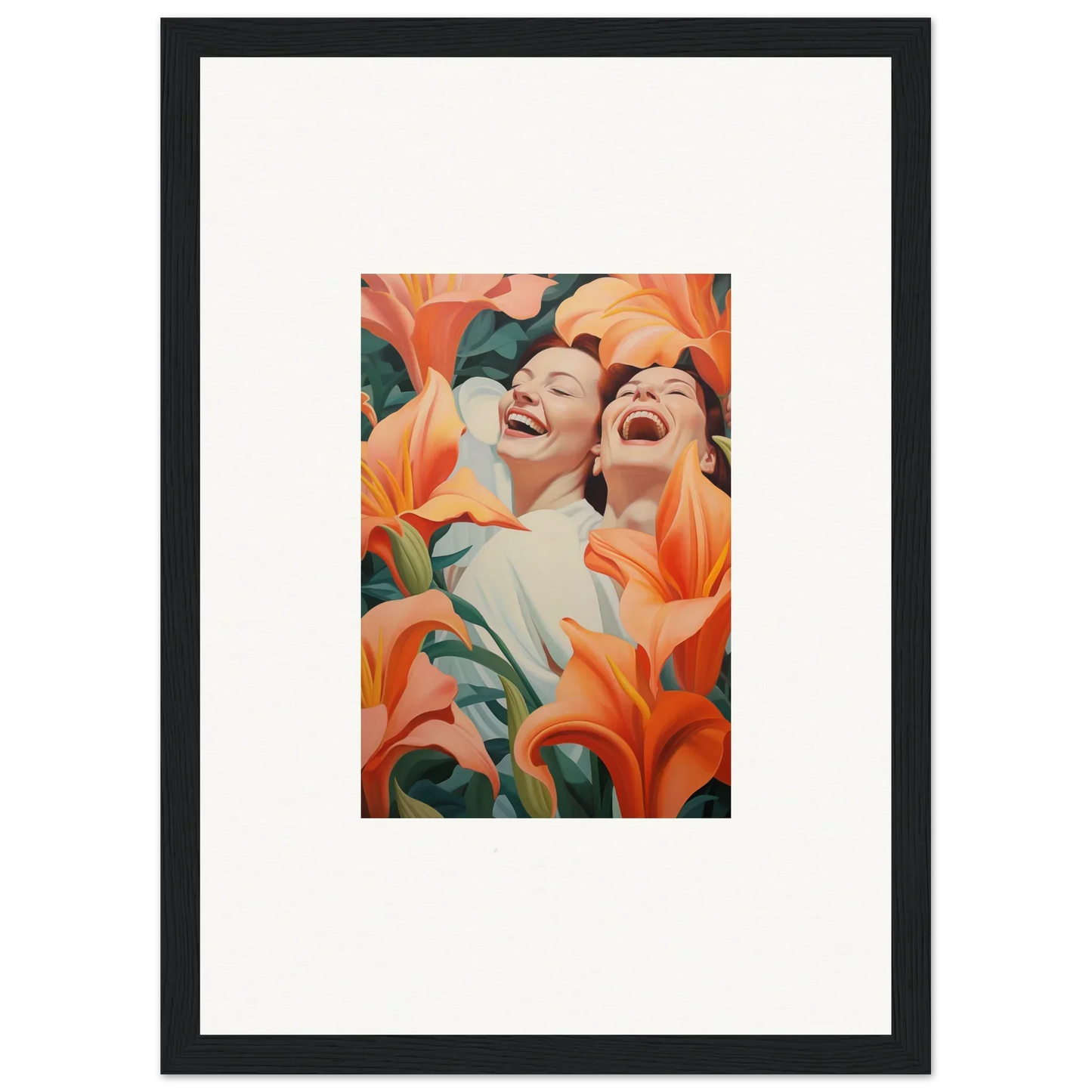 Framed canvas print of two laughing figures with vibrant orange lilies for room decoration