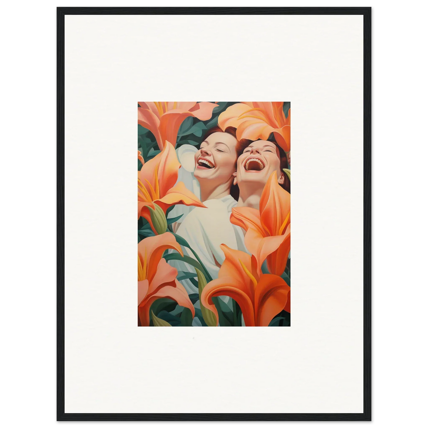 Framed wall art of laughing figures with orange lilies for vibrant room decoration