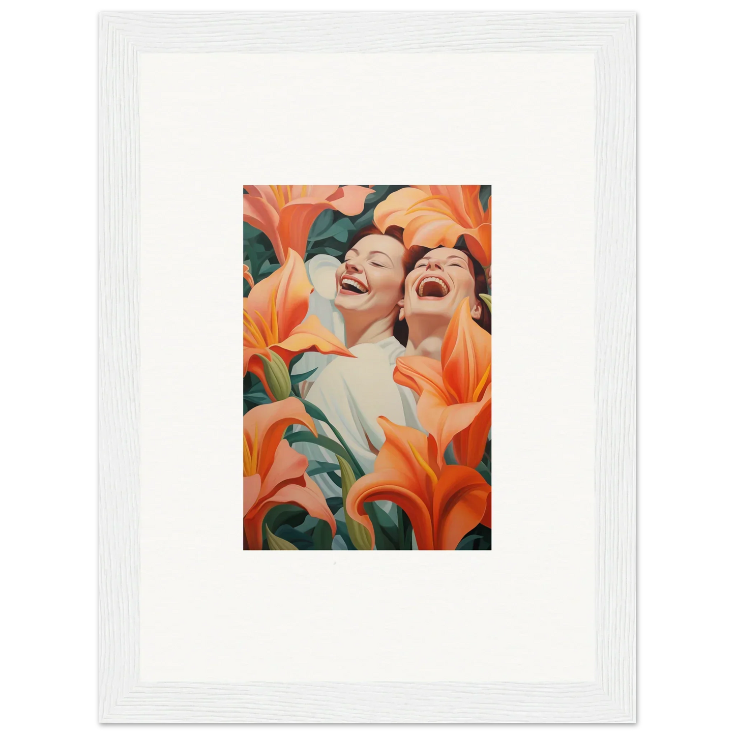 Framed canvas print of laughing figures with orange lilies, perfect wall art for room decoration