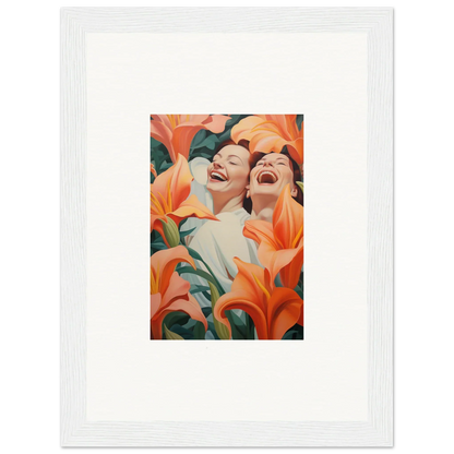 Framed canvas print of laughing figures with orange lilies, perfect wall art for room decoration