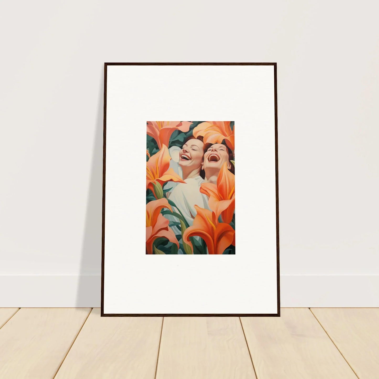 Framed wall art of two laughing figures with orange lilies, perfect for room decoration