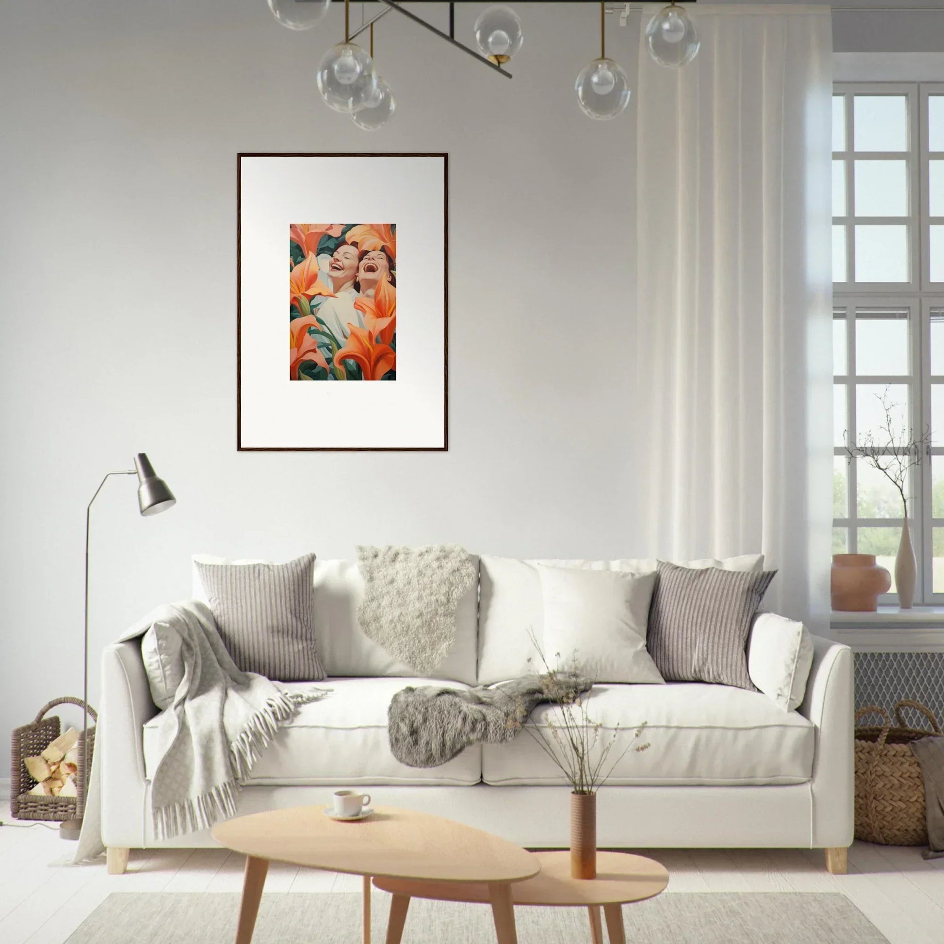 Cozy white sofa with pillows and blankets perfect for room decoration and wall art