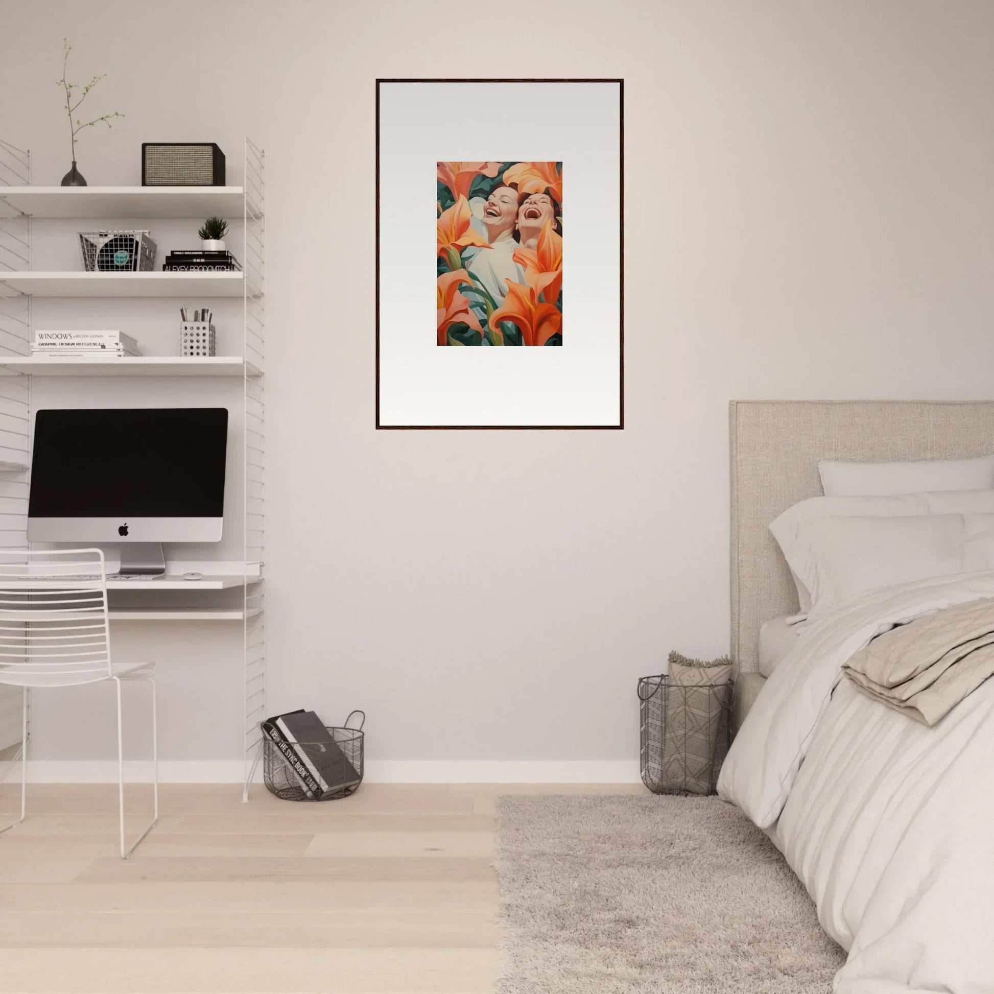 Framed wall art of two figures with orange flowers, perfect for room decoration