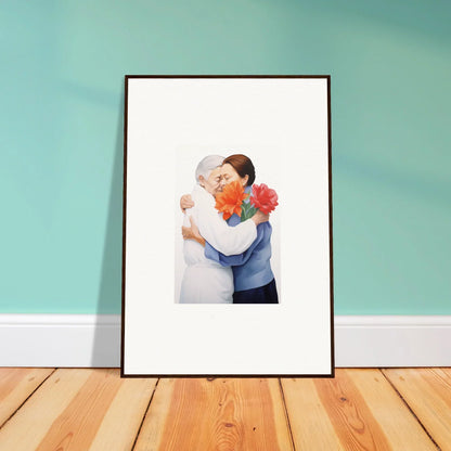 Framed wall art of two people embracing with colorful flowers, perfect room decor