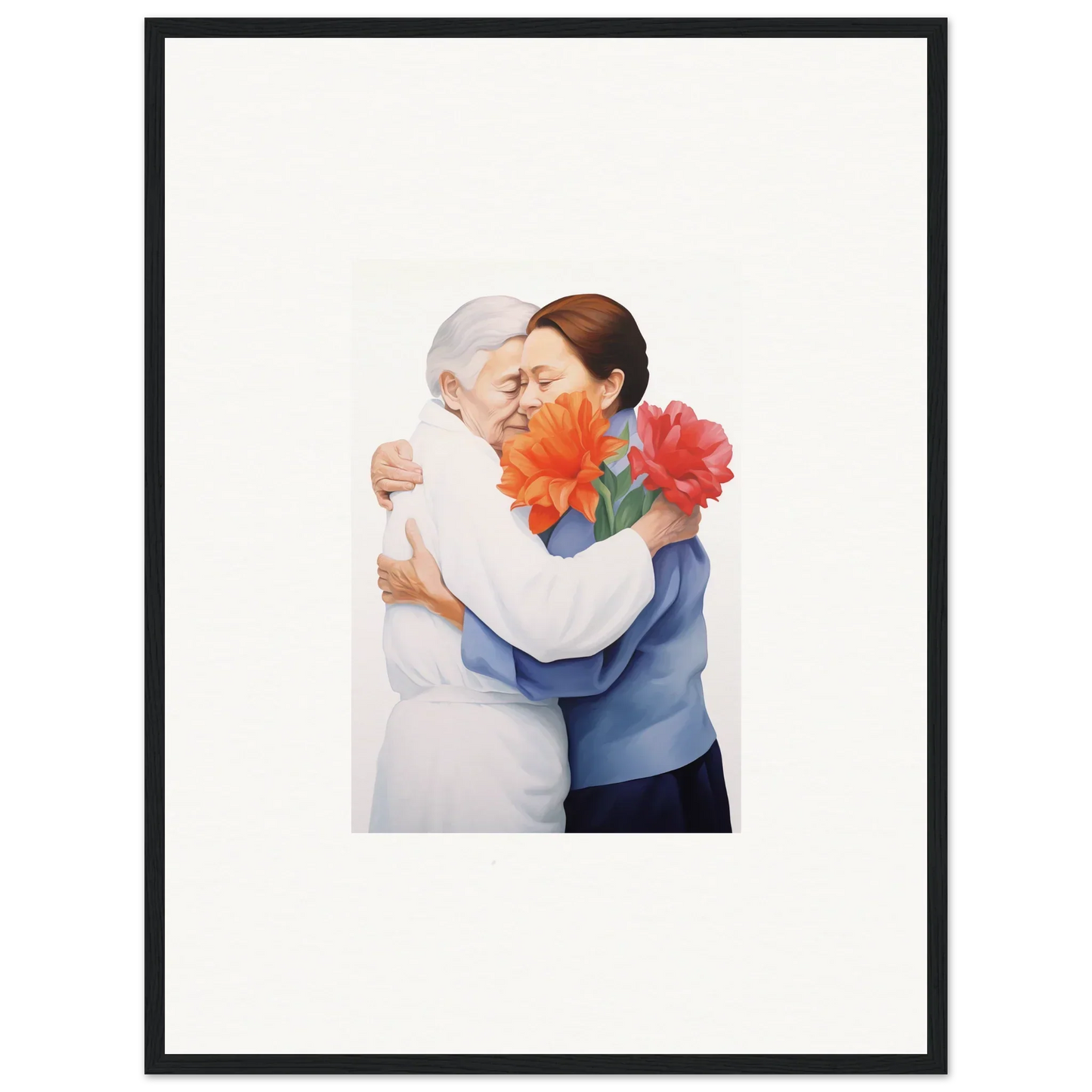 Framed wall art of two people embracing with red flowers, perfect for room decor