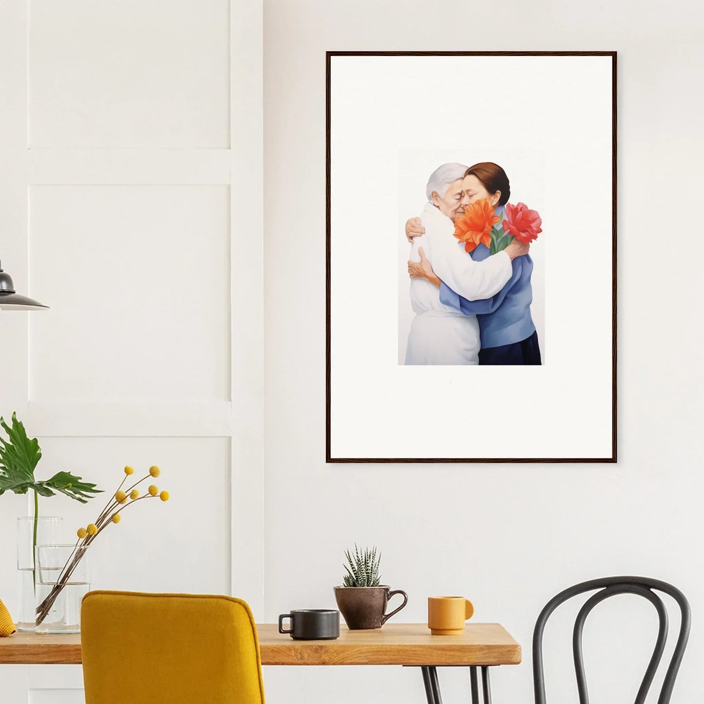 Framed wall art of two people embracing with colorful flowers for room decor