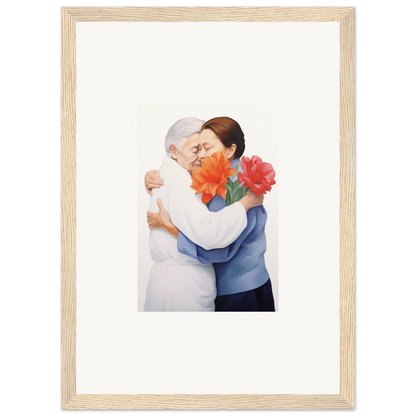 Framed wall art of embracing couple with orange flowers, ideal for room decor