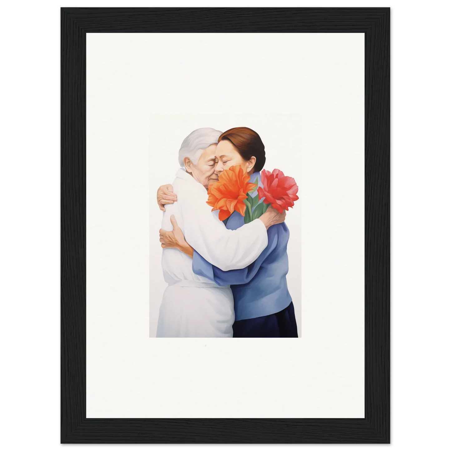 Framed wall art of two people embracing with orange flowers, ideal for room decor