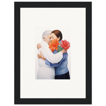 Framed wall art of two people embracing with orange flowers, ideal for room decor