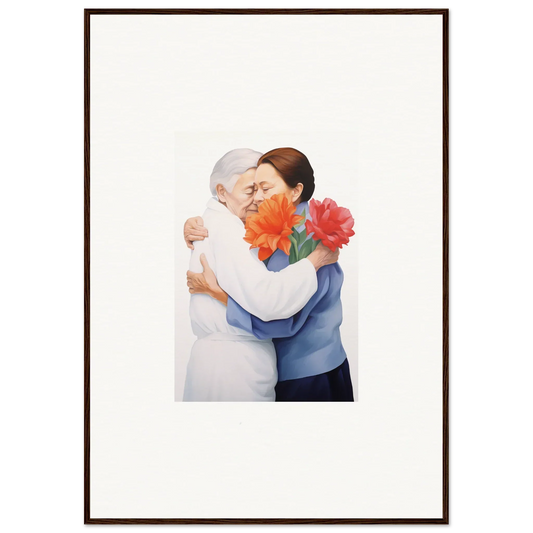 Framed wall art of two people embracing with orange flowers, ideal for room decor