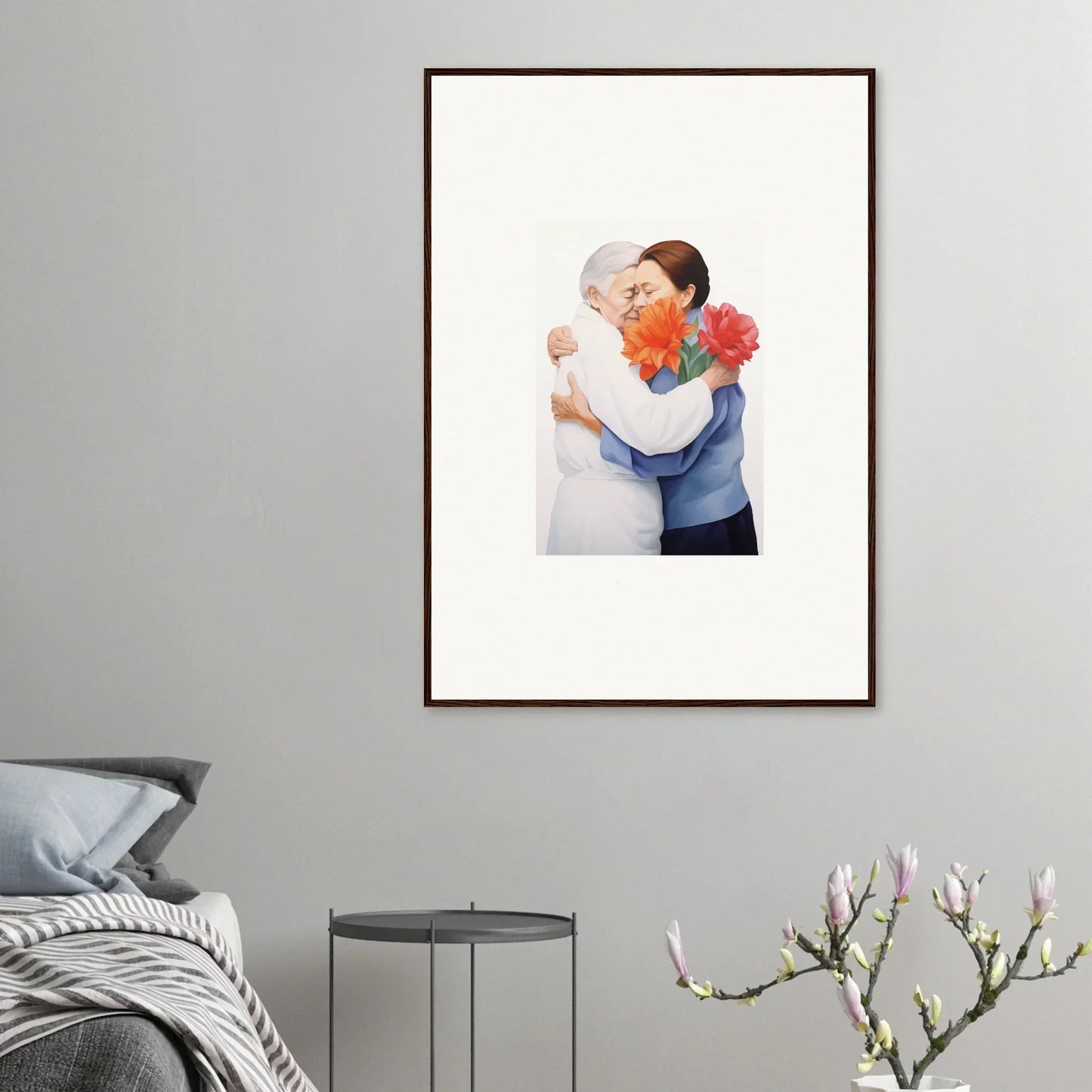 Framed wall art of two people embracing with red flowers, ideal for room decor