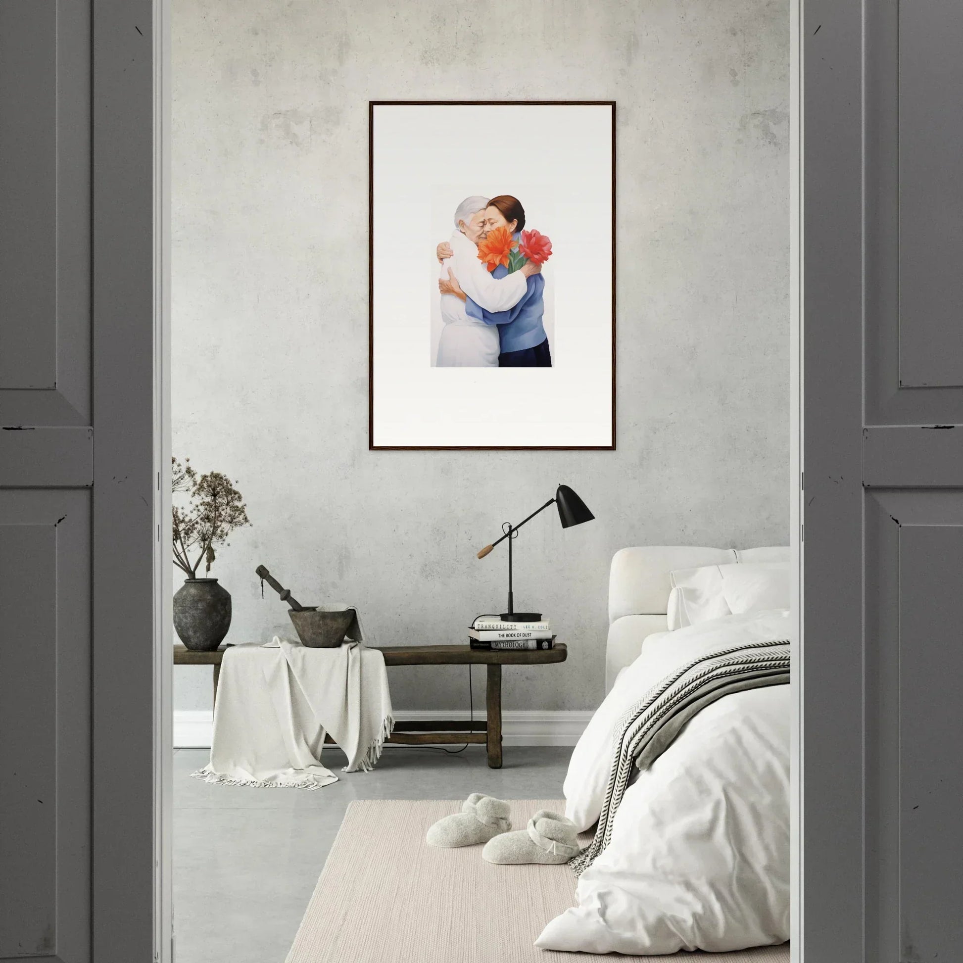 Framed wall art of embracing figures in red and blue for stylish room decor