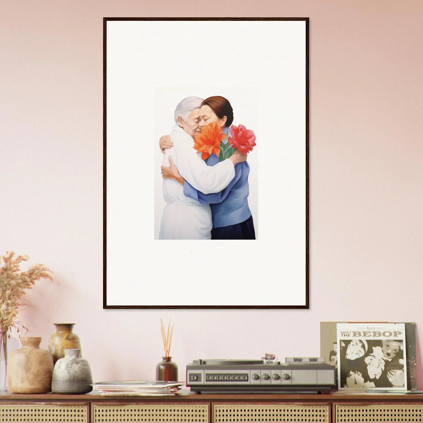 Framed wall art of two people embracing with flowers, perfect for room decor