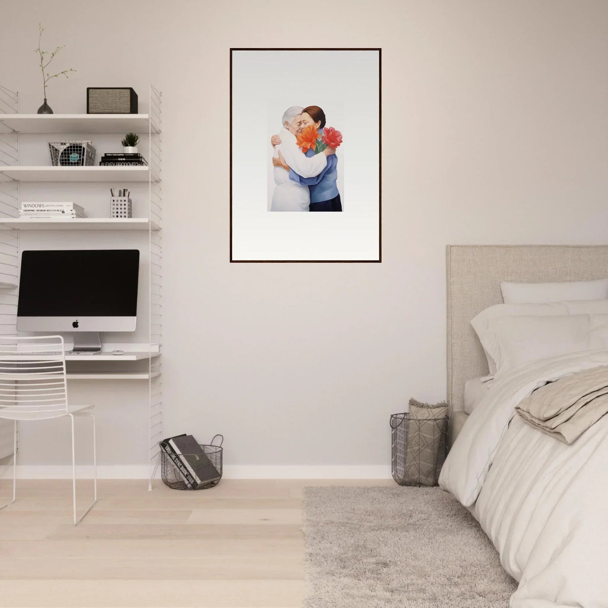 Framed wall art of two people embracing with colorful flowers for stylish room decor