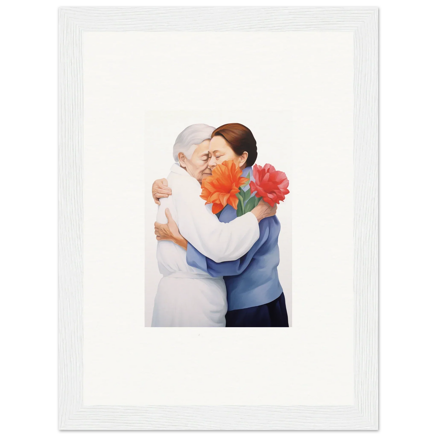 Framed wall art of two people embracing with red flowers, perfect for room decor