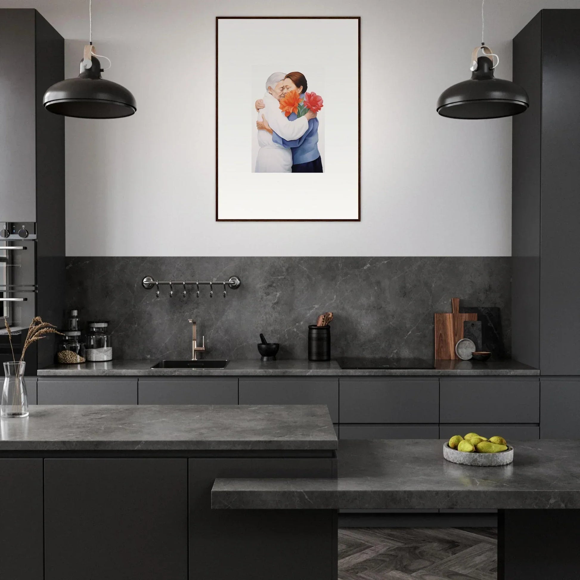 Modern kitchen featuring dark cabinetry and framed wall art as stylish room decor